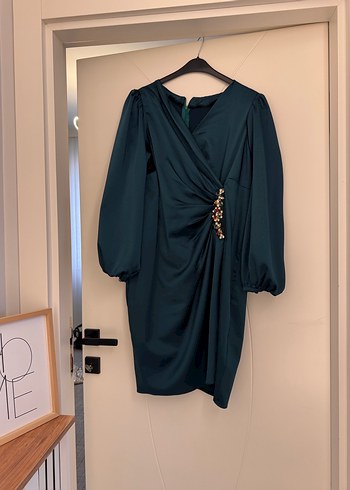 Uzun Kollu Turkuaz Drapeli Abiye Elbise - Görsel 7