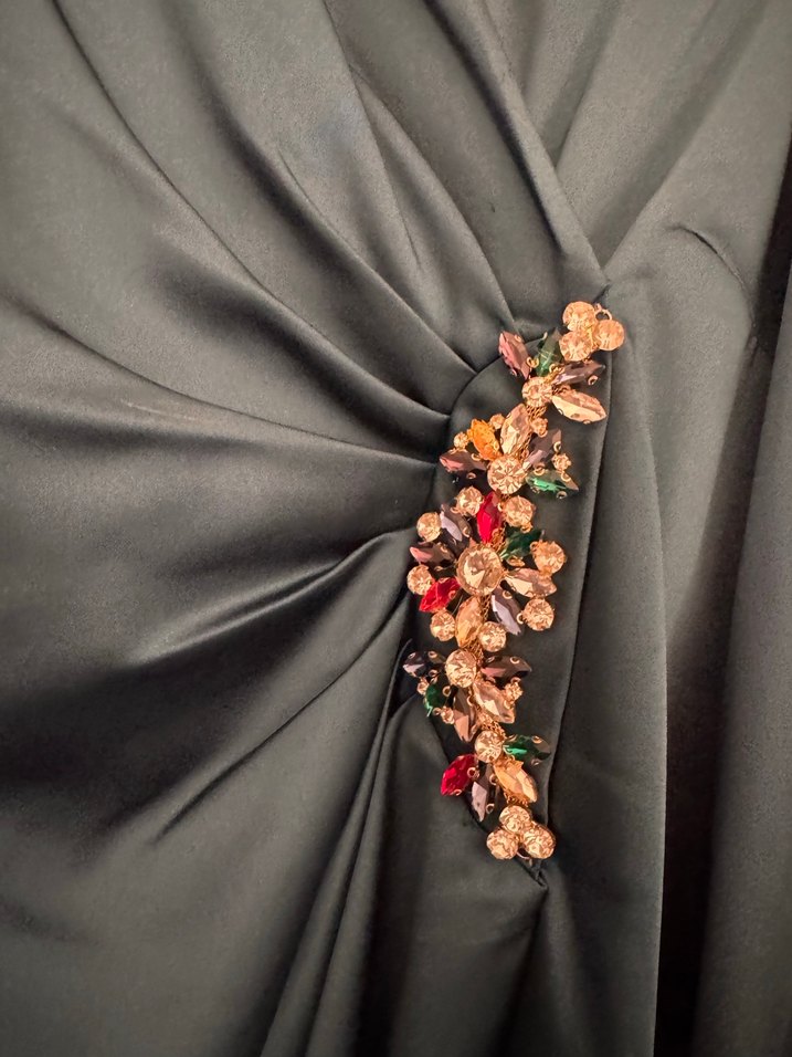 Uzun Kollu Turkuaz Drapeli Abiye Elbise - Görsel 3