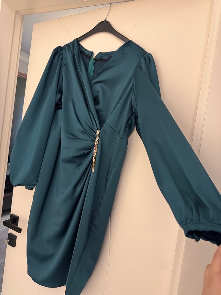 Uzun Kollu Turkuaz Drapeli Abiye Elbise - Görsel 5