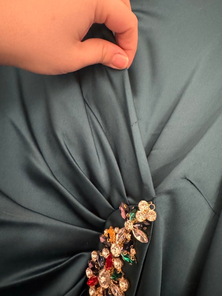 Uzun Kollu Turkuaz Drapeli Abiye Elbise - Görsel 4