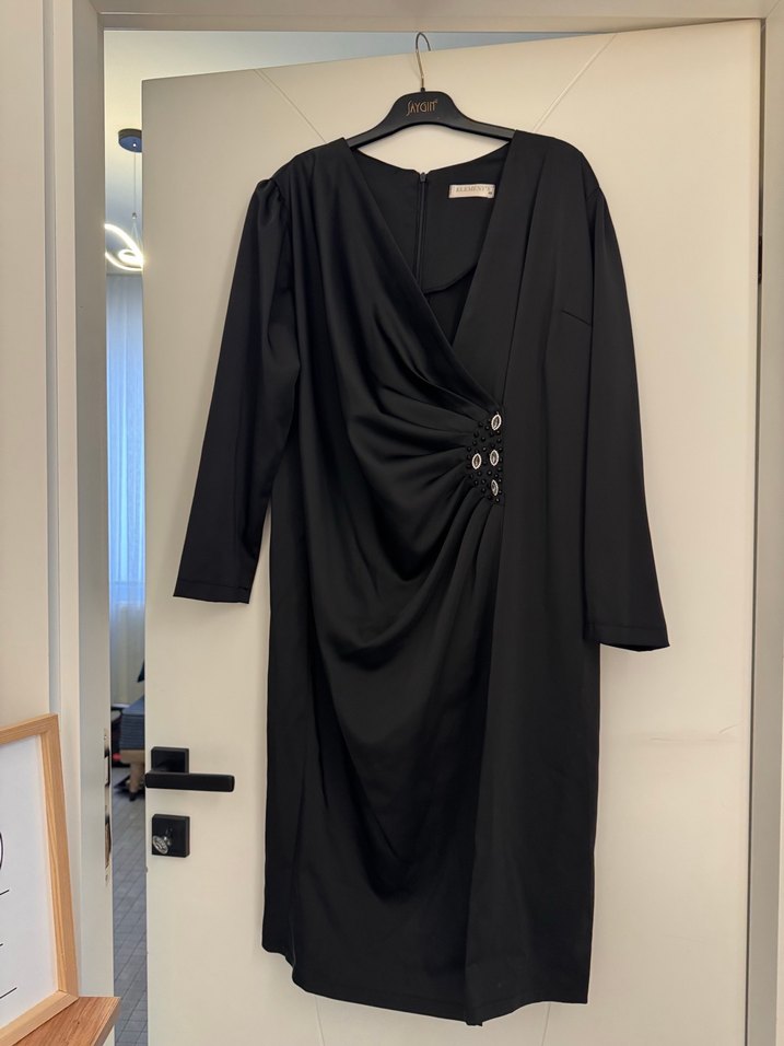 Drapeli V Yakalı Siyah Uzun Kollu Abiye Elbise - Görsel 5