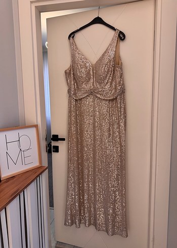 Bej Payetli Uzun V Yaka Abiye Elbise - Görsel 3