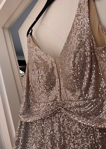 Bej Payetli Uzun V Yaka Abiye Elbise - Görsel 2