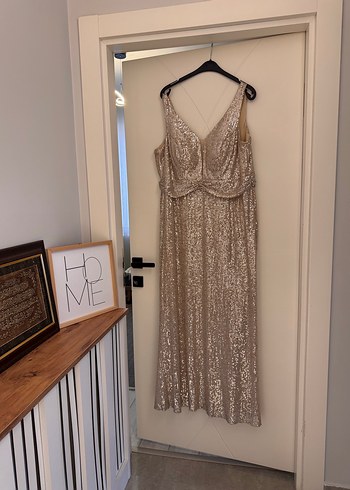 Bej Payetli Uzun V Yaka Abiye Elbise - Görsel 5