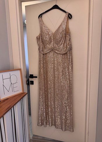 Bej Payetli Uzun V Yaka Abiye Elbise - Görsel 4