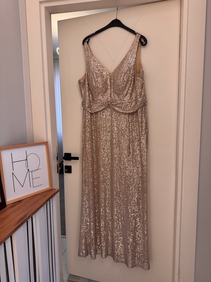 Bej Payetli Uzun V Yaka Abiye Elbise - Görsel 3