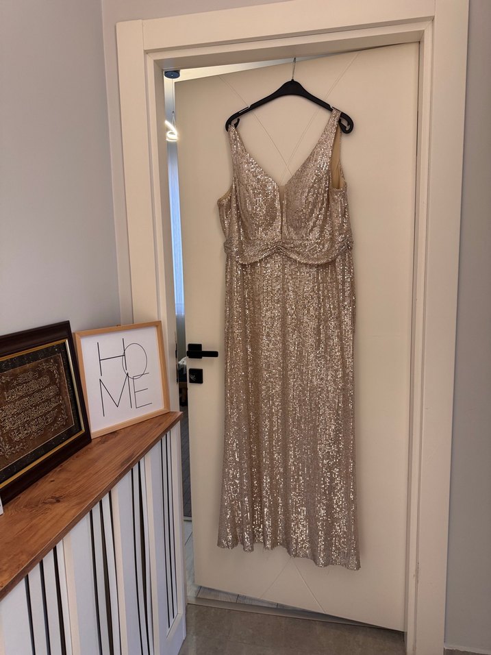 Bej Payetli Uzun V Yaka Abiye Elbise - Görsel 5