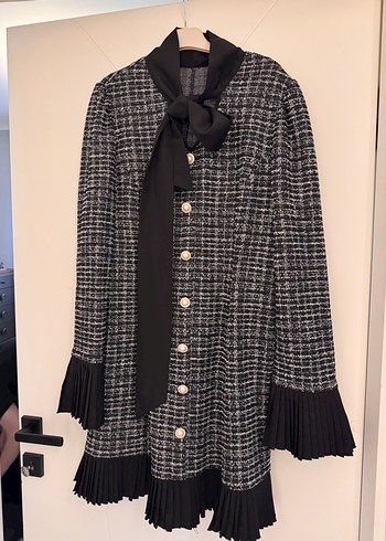 Gri Pileli ekose kareli diz üstü  Kadın elbise - Görsel 3