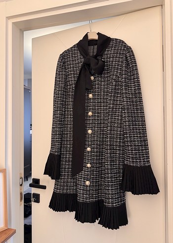 Gri Pileli ekose kareli diz üstü  Kadın elbise - Görsel 4