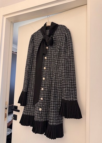 Gri Pileli ekose kareli diz üstü  Kadın elbise - Görsel 5