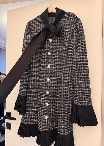 Gri Pileli ekose kareli diz üstü  Kadın elbise - Görsel 2