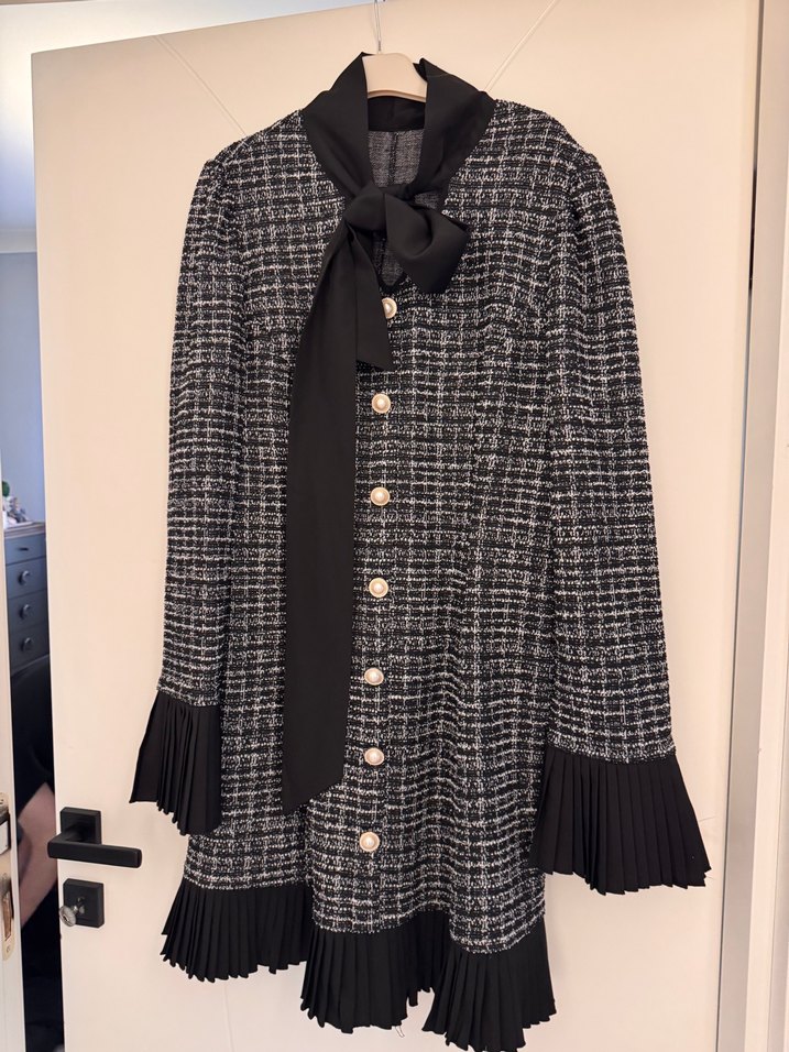 Gri Pileli ekose kareli diz üstü  Kadın elbise - Görsel 3