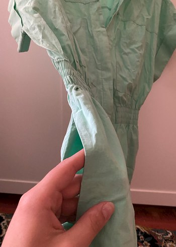 Yeşil Kısa Kollu Keten Kadın Tulum - Görsel 2