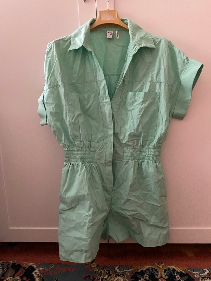 Yeşil Kısa Kollu Keten Kadın Tulum - Görsel 3