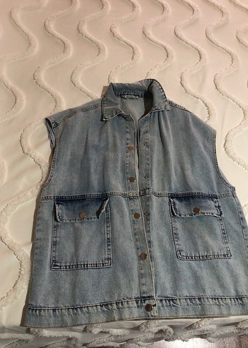 Düğmeli Kadın Kolsuz Mavi Denim Ceket