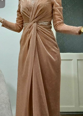 Bej Drapeli Uzun Abiye Elbise - Görsel 3