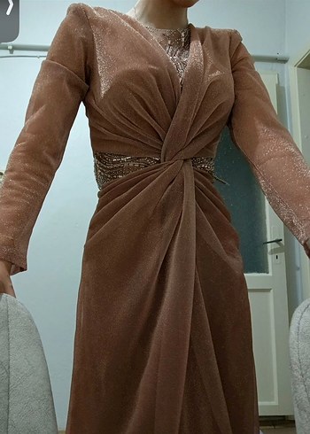 Bej Drapeli Uzun Abiye Elbise - Görsel 2