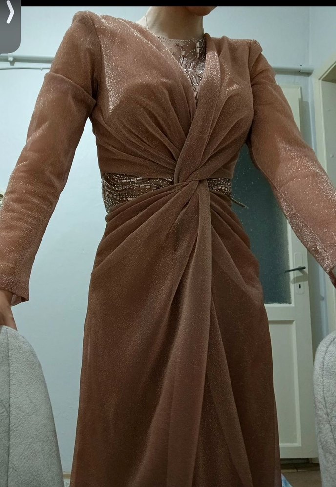 Bej Drapeli Uzun Abiye Elbise - Görsel 2