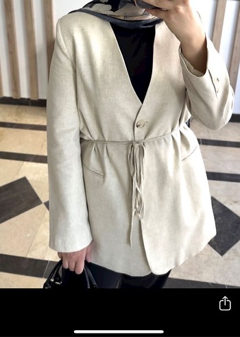 Bej Kemerli Kadın Keten Midi Blazer ceket - Görsel 3