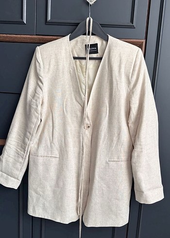 Bej Kemerli Kadın Keten Midi Blazer ceket - Görsel 2