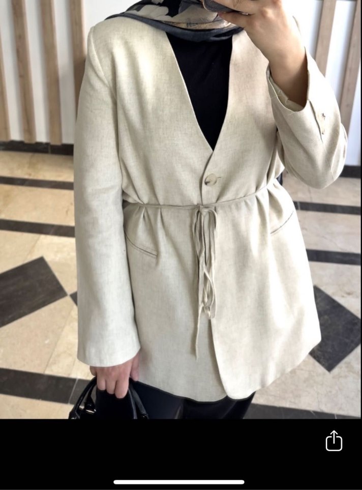 Bej Kemerli Kadın Keten Midi Blazer ceket - Görsel 3