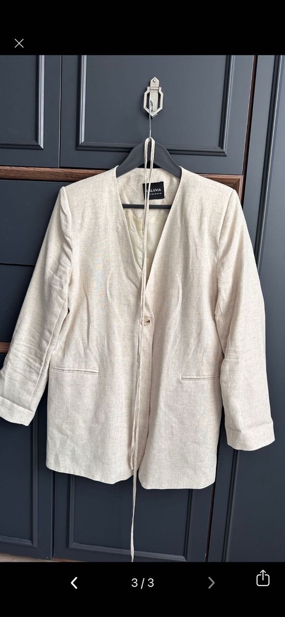 Bej Kemerli Kadın Keten Midi Blazer ceket - Görsel 2