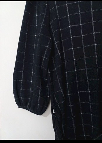 Kemerli siyah Kareli Midi Elbise - Görsel 2