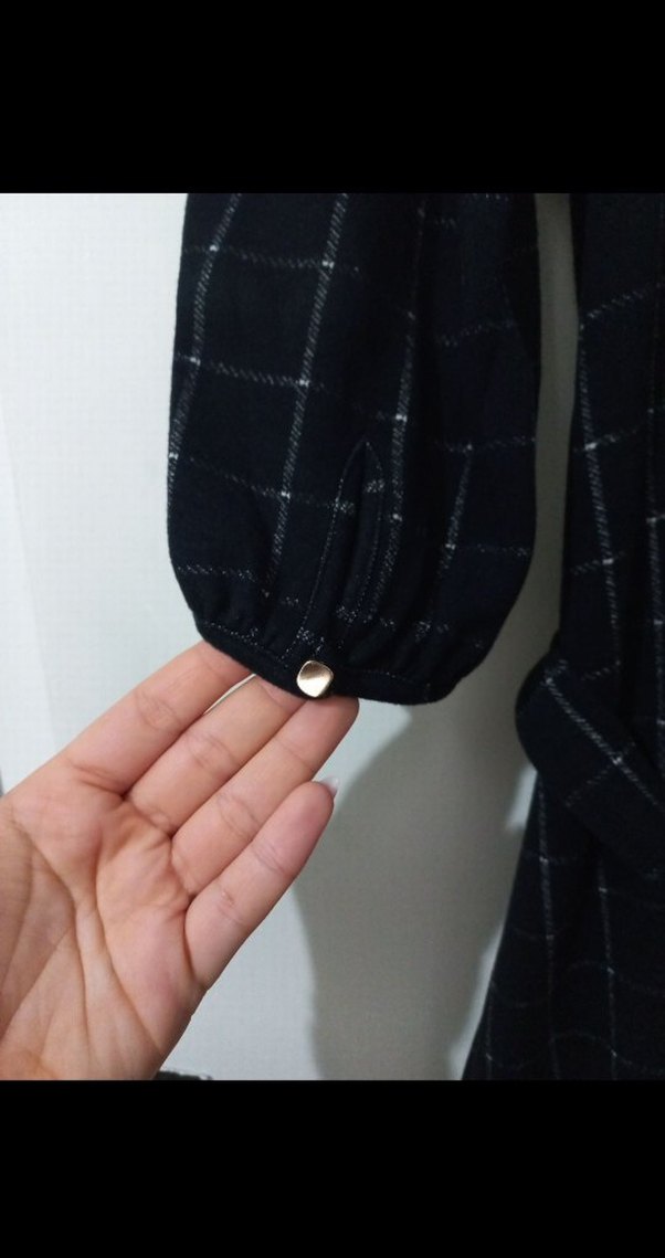 Kemerli siyah Kareli Midi Elbise - Görsel 4