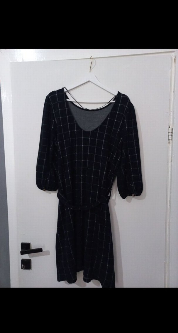 Kemerli siyah Kareli Midi Elbise - Görsel 3