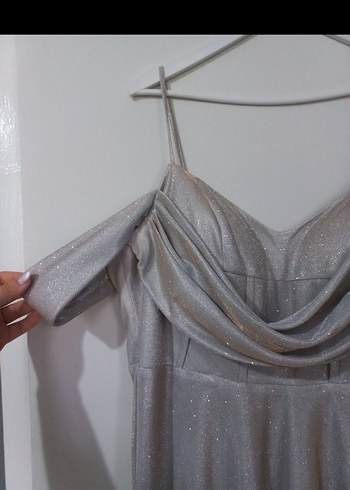 Drapeli Uzun Askılı Kadın Abiye Elbise - Görsel 4