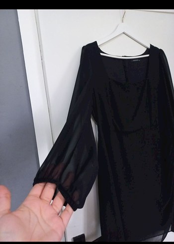 Siyah Midi Boy, Uzun Kollu, Salaş Ofis Elbisesi - Görsel 3