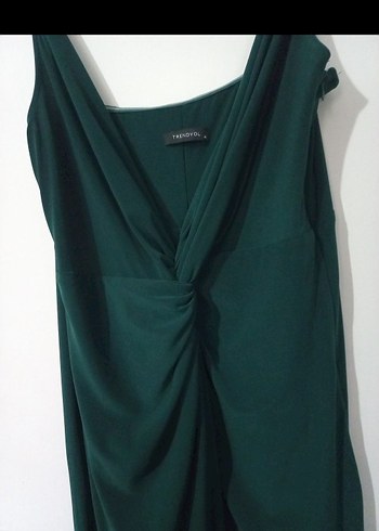 Yeşil V Yakalı Uzun Drapeli Abiye Elbise - Görsel 3