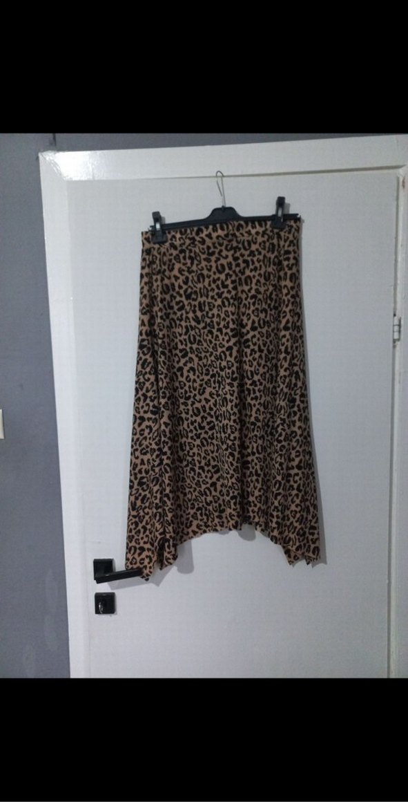 Drapeli Leopar Desenli Uzun Kadın Etek - Görsel 3