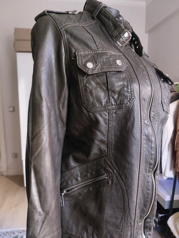 Michael Kors, Haki, Kemer Detaylı  Deri Ceket - Görsel 2