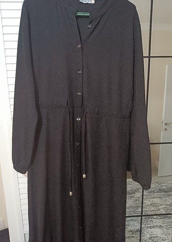 Uzun Kollu Siyah Düğmeli Keten Elbise - Görsel 2