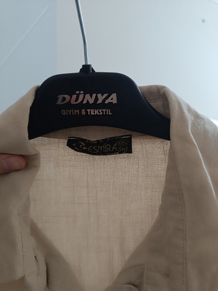 Bej Nakışlı Düğmeli Kadın Keten Gömlek - Görsel 3