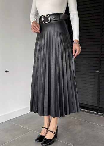 Kadın Siyah Deri Pilili Uzun Etek - Görsel 2