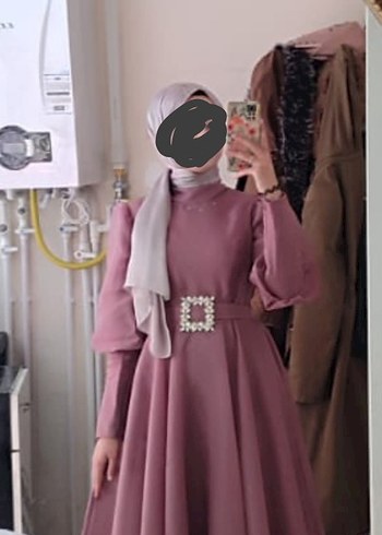 Uzun Kollu Mor Drapeli Abiye Elbise - Görsel 3