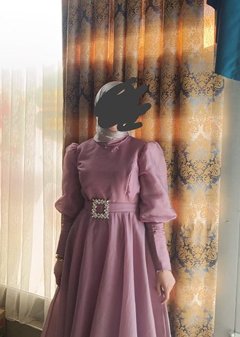 Uzun Kollu Mor Drapeli Abiye Elbise - Görsel 2