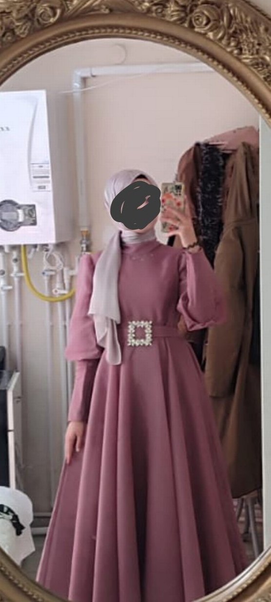 Uzun Kollu Mor Drapeli Abiye Elbise - Görsel 3