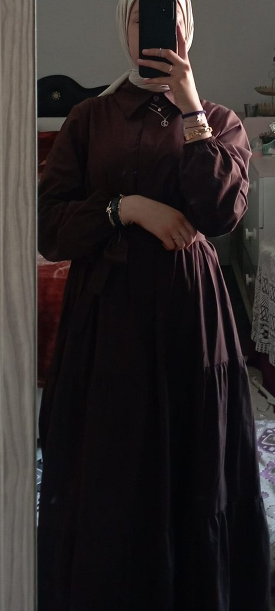 Kahverengi Uzun Keten Elbise - Görsel 2