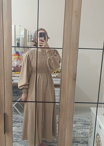 Bej Uzun Keten Elbise, Uzun Kollu, Salaş Kesim - Görsel 5