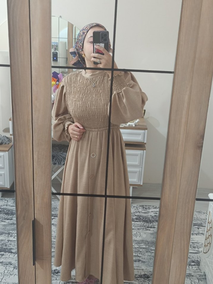 Bej Uzun Keten Elbise, Uzun Kollu, Salaş Kesim - Görsel 3