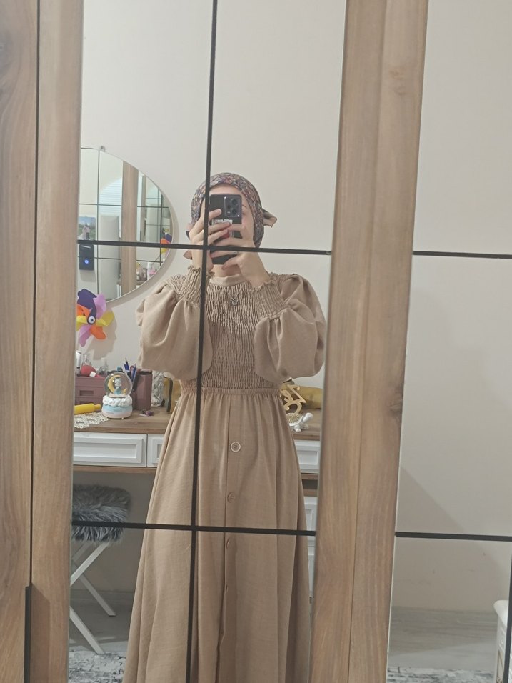 Bej Uzun Keten Elbise, Uzun Kollu, Salaş Kesim - Görsel 2