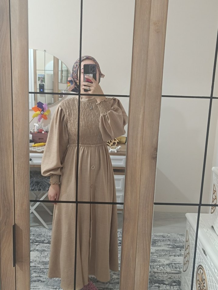 Bej Uzun Keten Elbise, Uzun Kollu, Salaş Kesim - Görsel 5