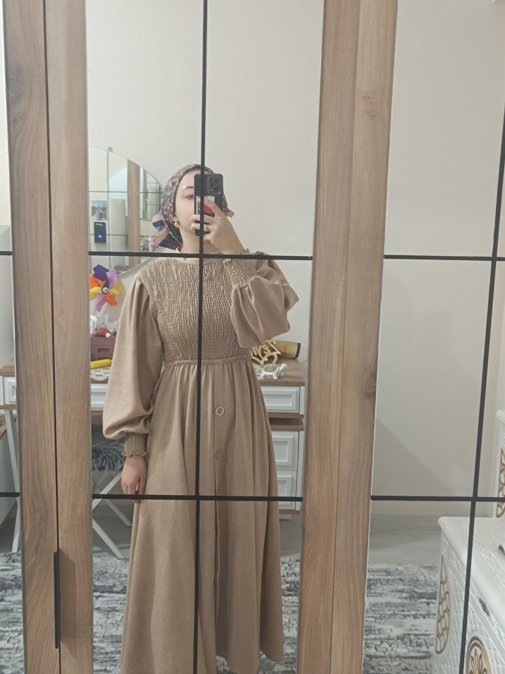 Bej Uzun Keten Elbise, Uzun Kollu, Salaş Kesim - Görsel 4