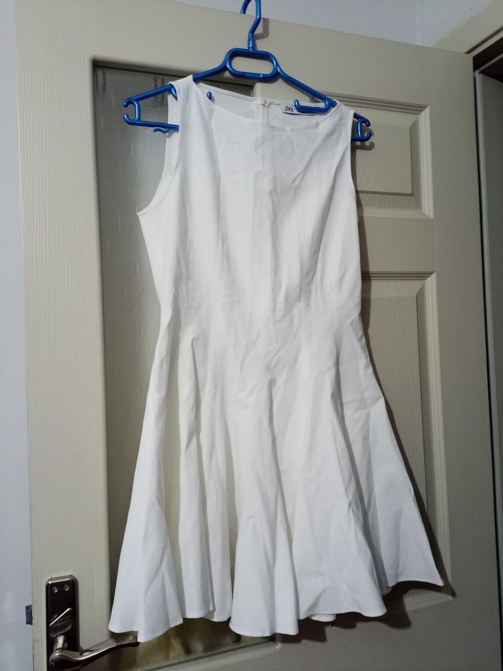 Beyaz Kolsuz Midi Keten Elbise - Görsel 2