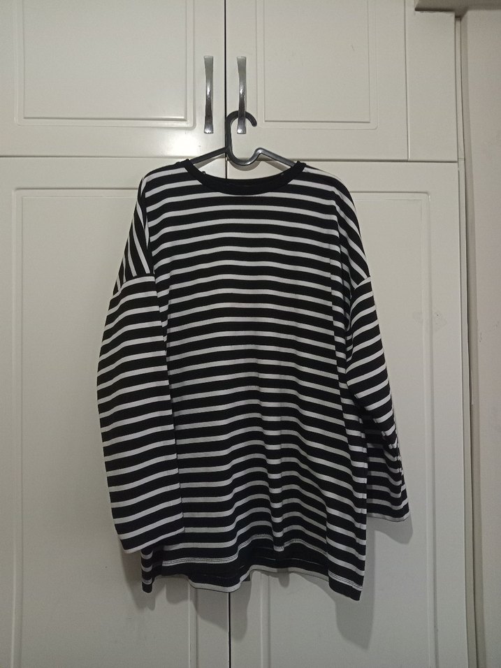 Uzun Kollu Siyah Beyaz Çizgili Hamile Tişört - Görsel 3