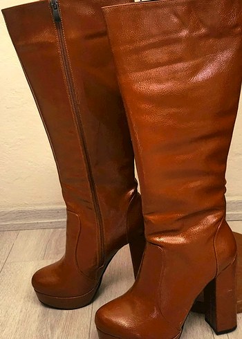 Rugan Taba  Deri Platform Topuklu Diz Boyu Kadın Çizme - Görsel 3