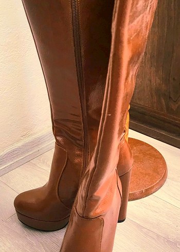 Rugan Taba  Deri Platform Topuklu Diz Boyu Kadın Çizme - Görsel 5